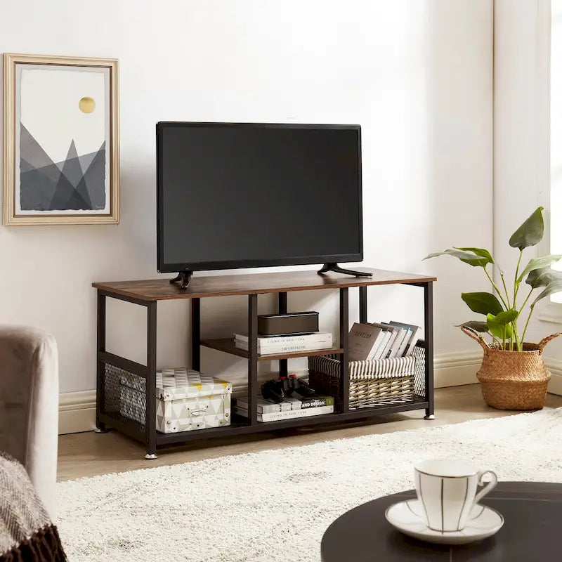Meuble TV — Meuble TV/console multimédia de style industriel avec espace de rangement et étagères grillagées — Convient au salon ou à la chambre — Marron