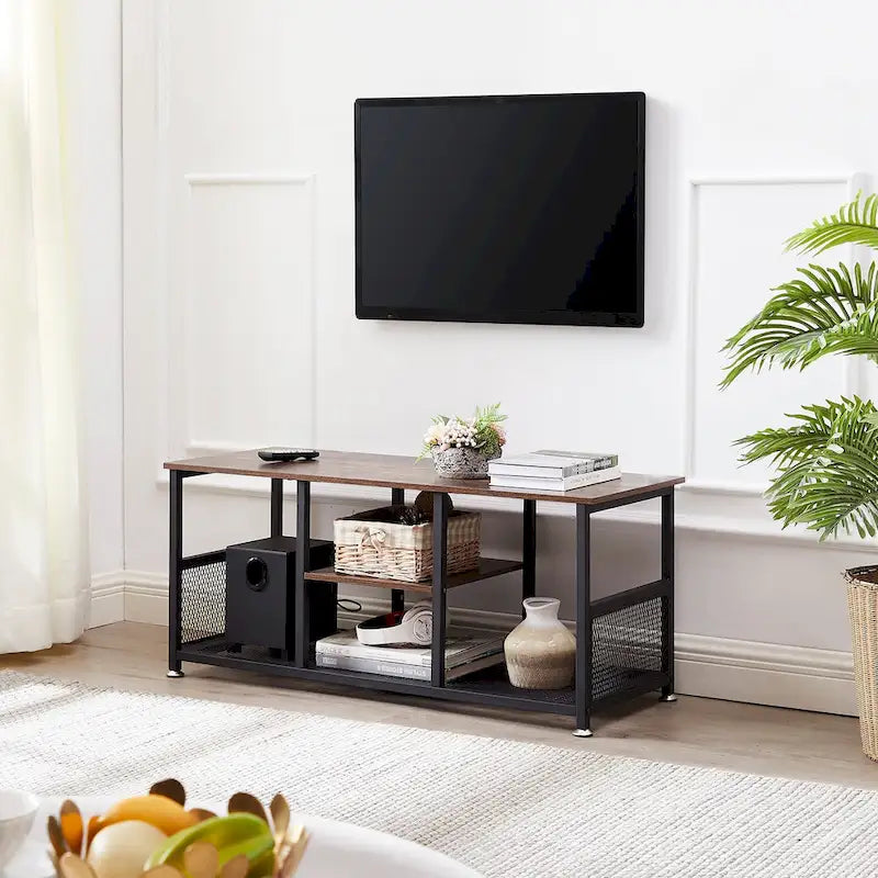 Meuble TV — Meuble TV/console multimédia de style industriel avec espace de rangement et étagères grillagées — Convient au salon ou à la chambre — Marron