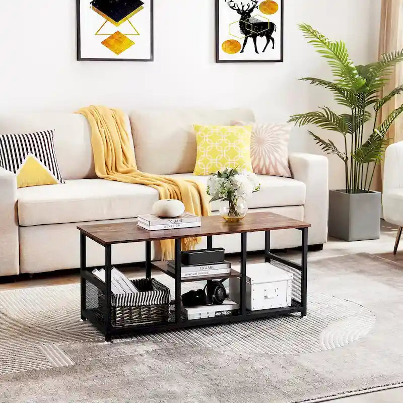 Meuble TV — Meuble TV/console multimédia de style industriel avec espace de rangement et étagères grillagées — Convient au salon ou à la chambre — Marron