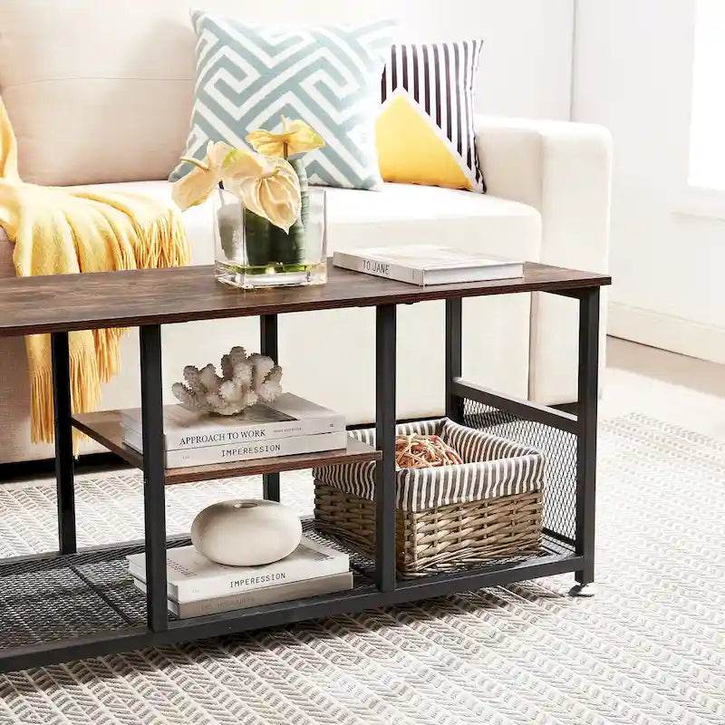 Meuble TV — Meuble TV/console multimédia de style industriel avec espace de rangement et étagères grillagées — Convient au salon ou à la chambre — Marron