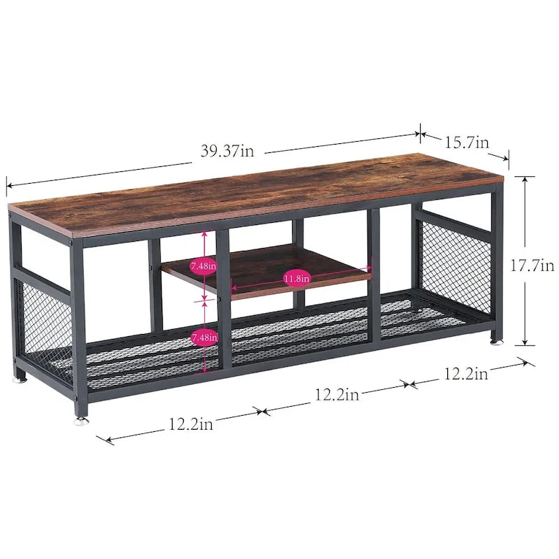 Meuble TV — Meuble TV/console multimédia de style industriel avec espace de rangement et étagères grillagées — Convient au salon ou à la chambre — Marron