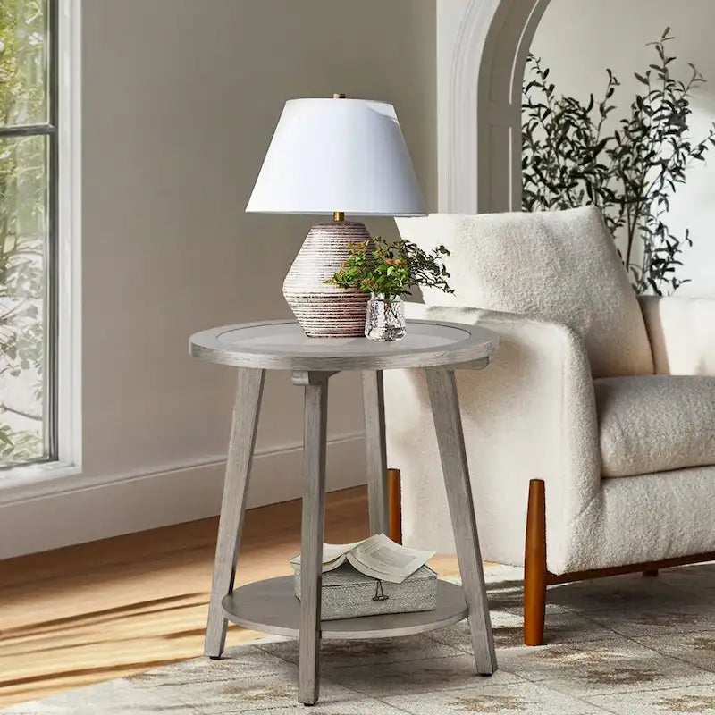 Table basse ronde en verre à deux niveaux, coloris argent — L56 x P56 x H61 cm
