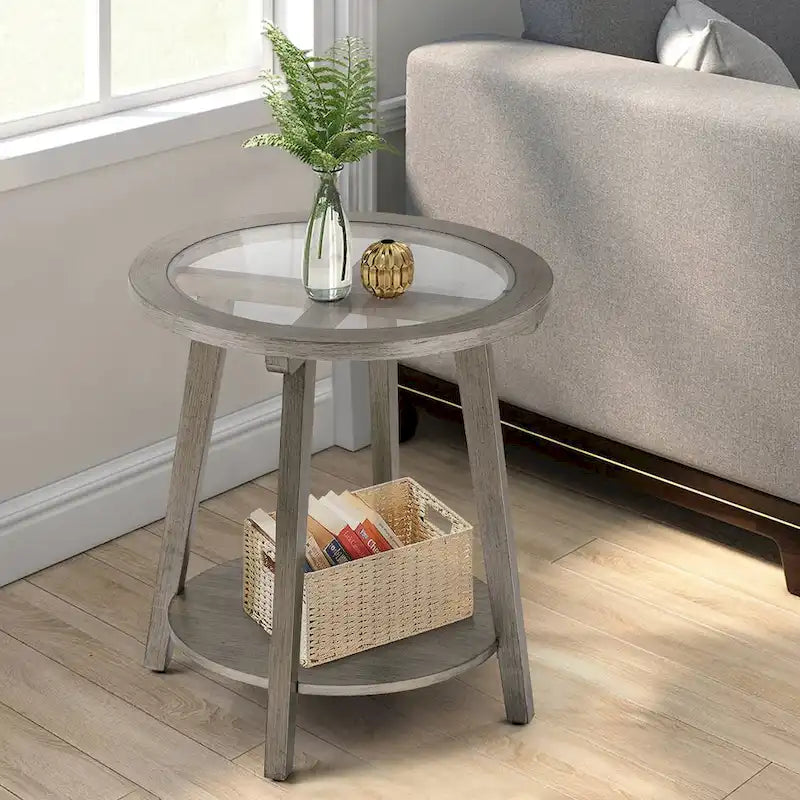 Table basse ronde en verre à deux niveaux, coloris argent — L56 x P56 x H61 cm