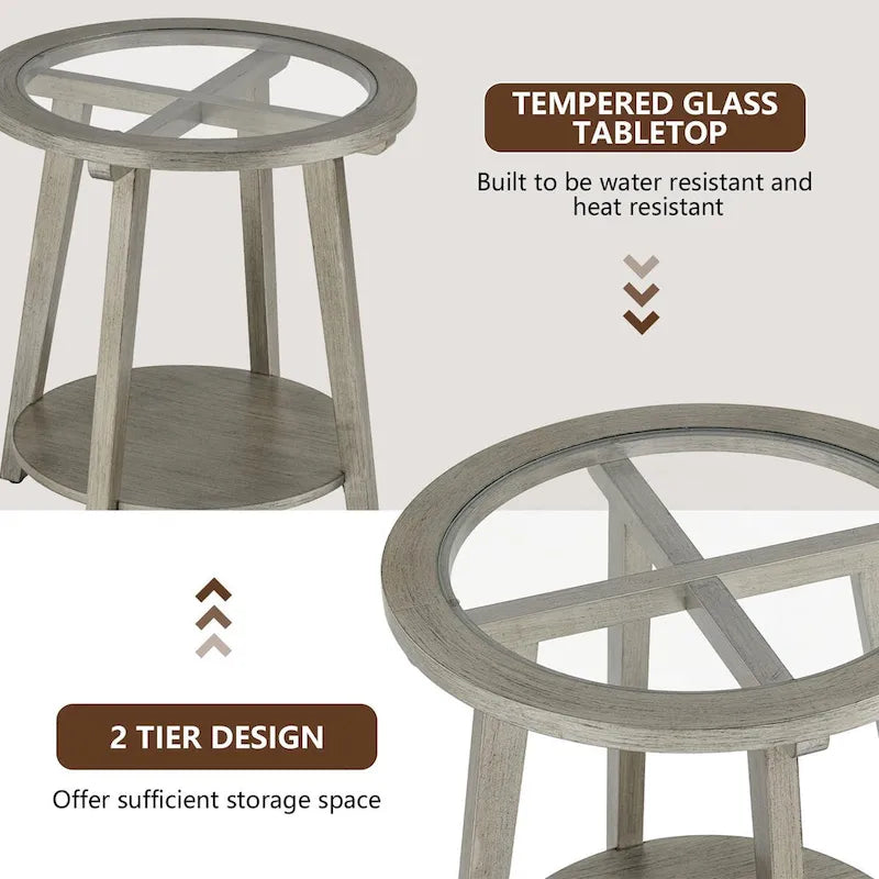 Table basse ronde en verre à deux niveaux, coloris argent — L56 x P56 x H61 cm