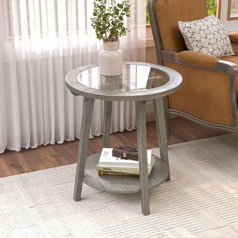 Table basse ronde en verre à deux niveaux, coloris argent — L56 x P56 x H61 cm