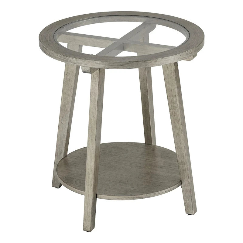 Table basse ronde en verre à deux niveaux, coloris argent — L56 x P56 x H61 cm