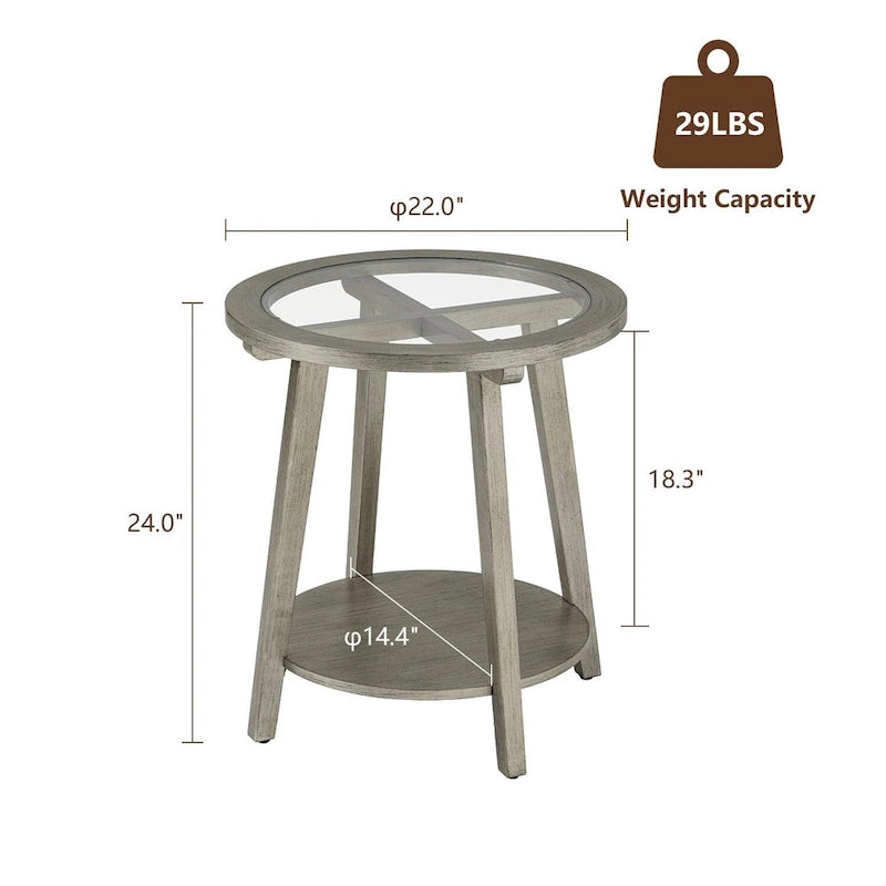 Table basse ronde en verre à deux niveaux, coloris argent — L56 x P56 x H61 cm