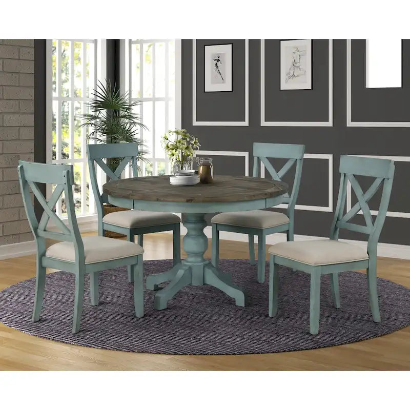 Table à manger ronde en bois massif bicolore (bleu et marron)