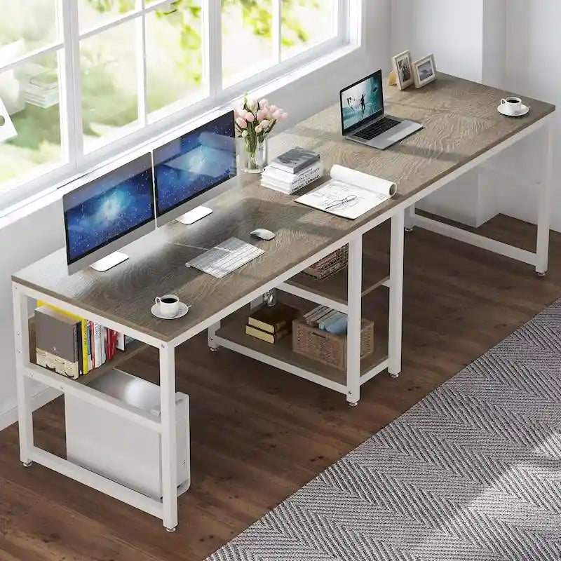 Bureau deux personnes avec étagère, bureau d'ordinateur double de 78,7 pouces pour deux personnes