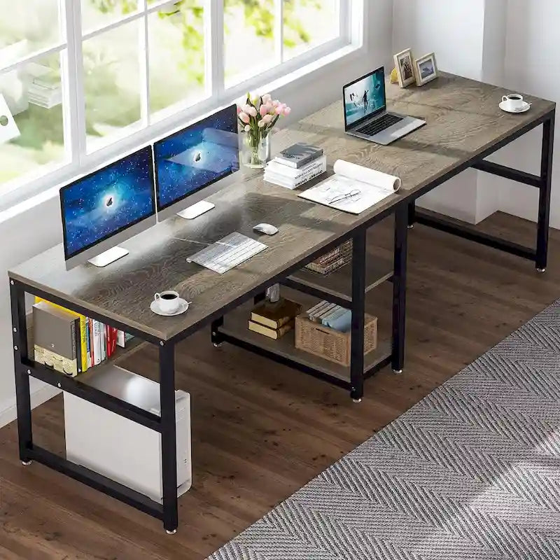 Bureau deux personnes avec étagère, bureau d'ordinateur double de 78,7 pouces pour deux personnes