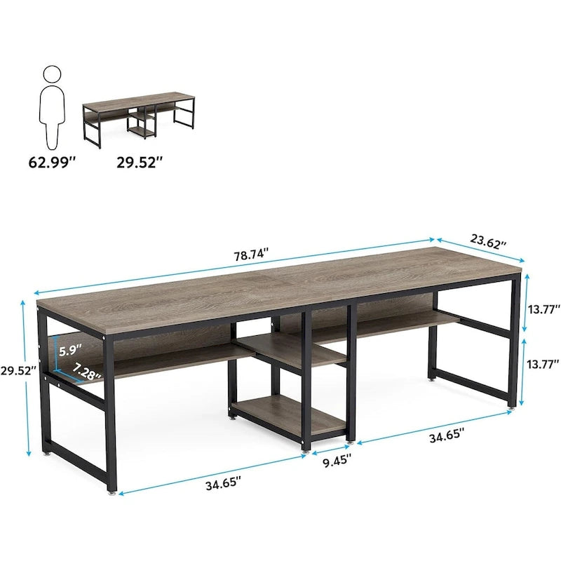 Bureau deux personnes avec étagère, bureau d'ordinateur double de 78,7 pouces pour deux personnes