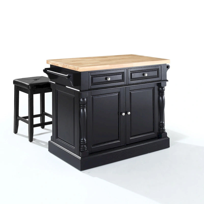 Îlot de cuisine (avec plan de travail style billot et tabourets) — Fini noir | 121,3 cm L x 58,4 cm P x 90,8 cm H