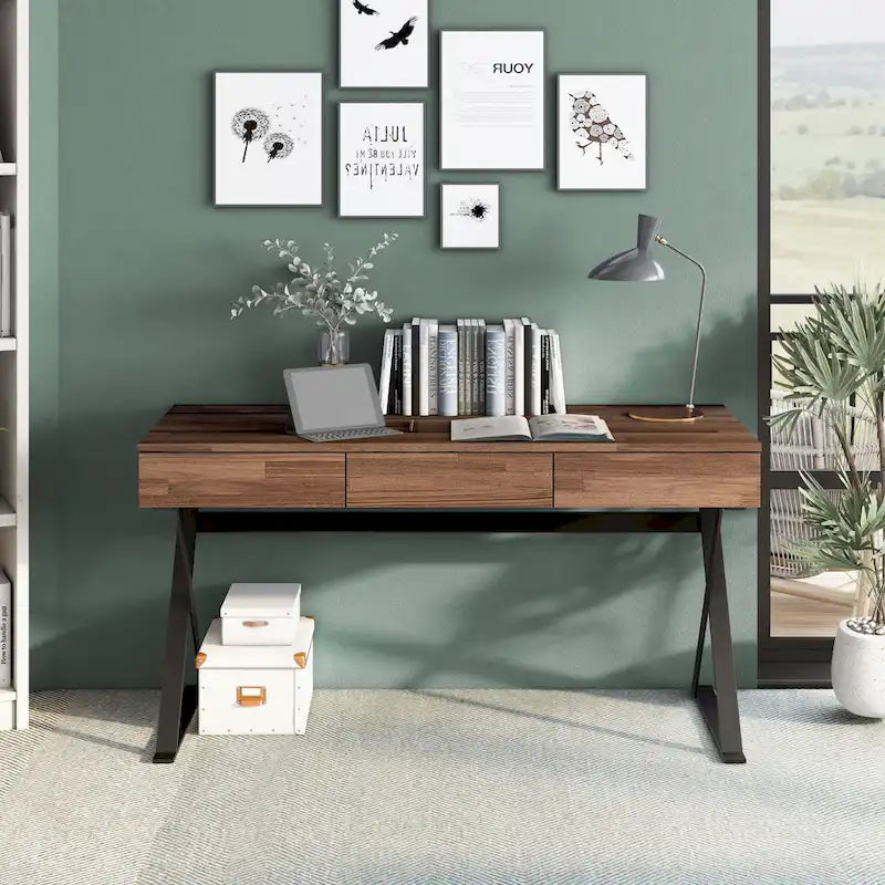 Bureau d'ordinateur industriel en métal noir de 59 po (avec ports USB)