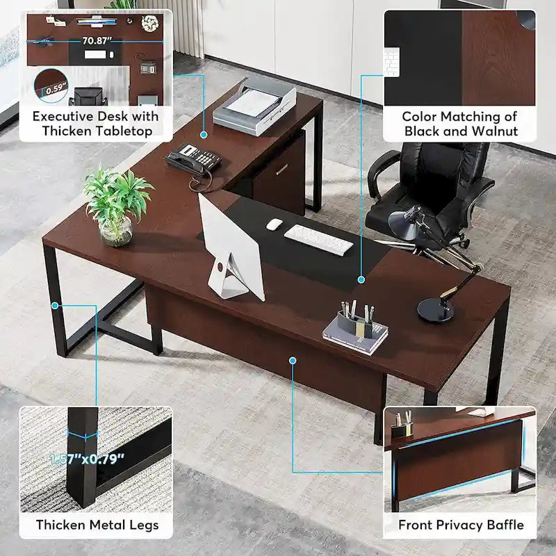 Bureau de direction de 180 cm avec classeur Grand bureau de direction d'angle en L Bureau d'ordinateur