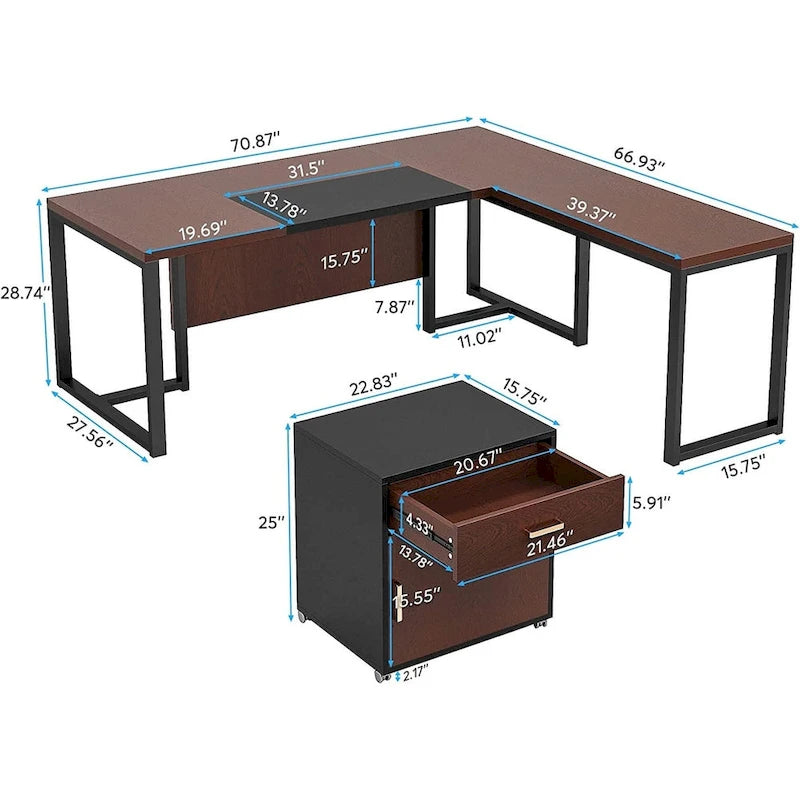 Bureau de direction de 180 cm avec classeur Grand bureau de direction d'angle en L Bureau d'ordinateur