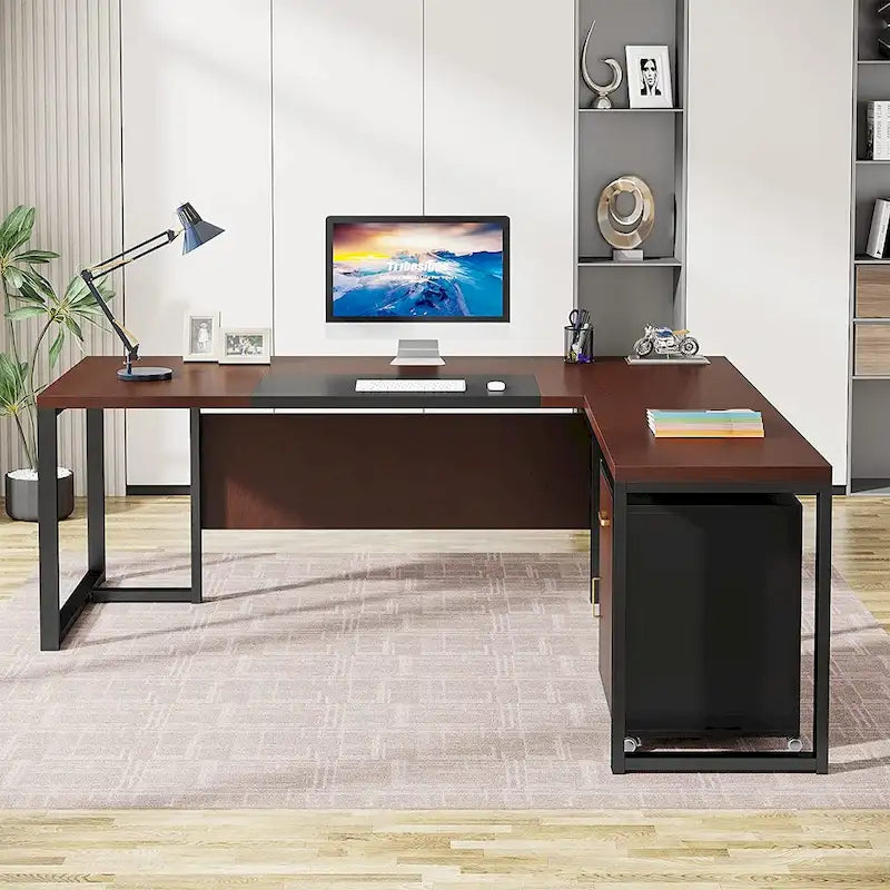 Bureau de direction de 180 cm avec classeur Grand bureau de direction d'angle en L Bureau d'ordinateur