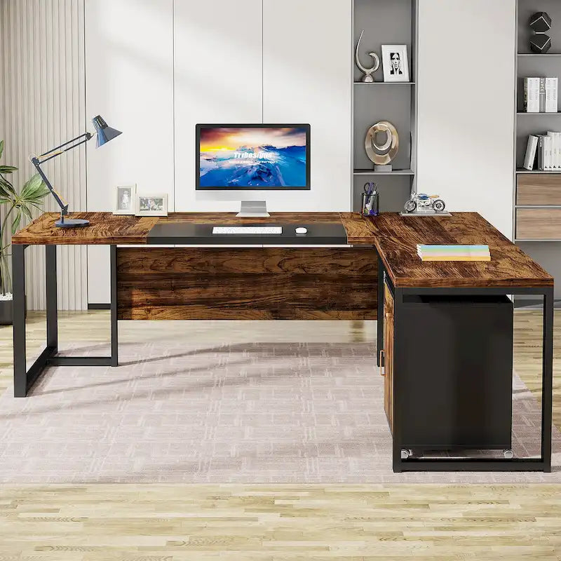 Bureau de direction de 180 cm avec classeur Grand bureau de direction d'angle en L Bureau d'ordinateur