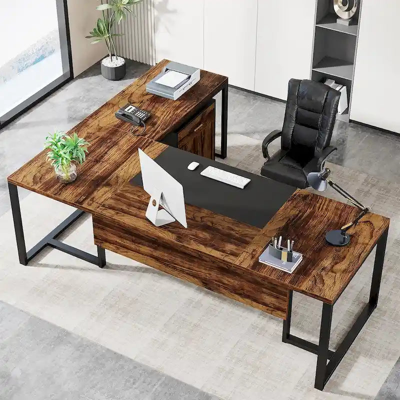 Bureau de direction de 180 cm avec classeur Grand bureau de direction d'angle en L Bureau d'ordinateur