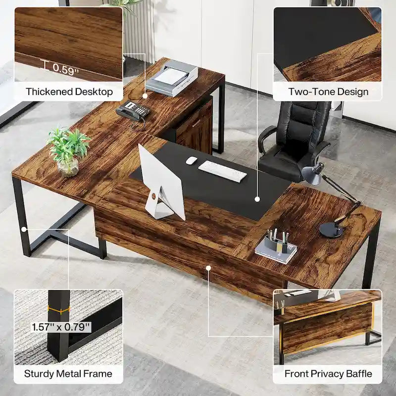 Bureau de direction de 180 cm avec classeur Grand bureau de direction d'angle en L Bureau d'ordinateur