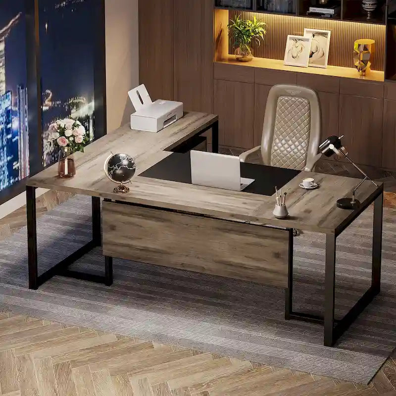 Bureau de direction de 180 cm avec classeur Grand bureau de direction d'angle en L Bureau d'ordinateur