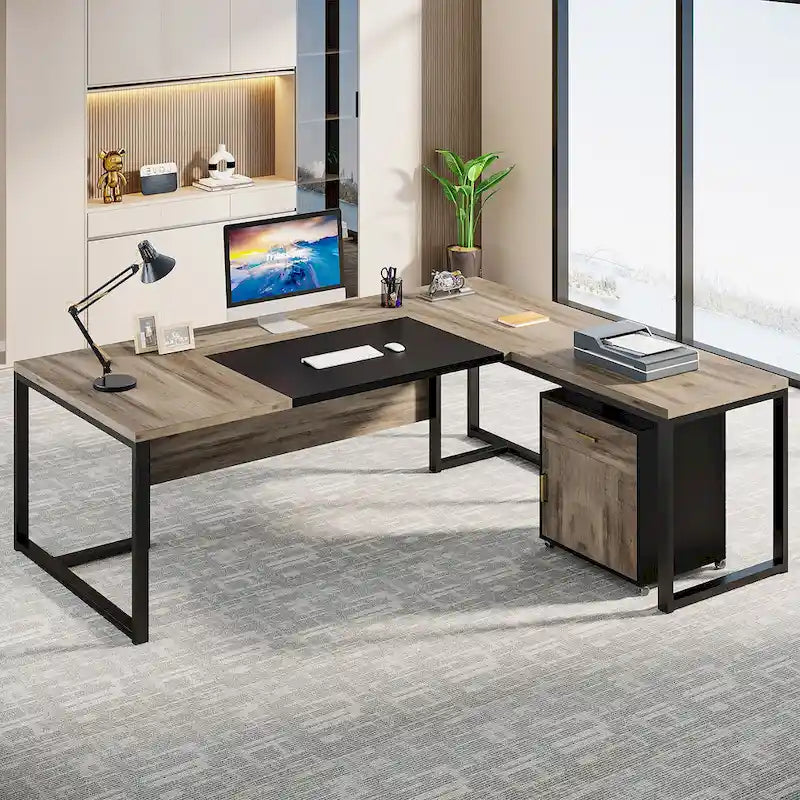 Bureau de direction de 180 cm avec classeur Grand bureau de direction d'angle en L Bureau d'ordinateur