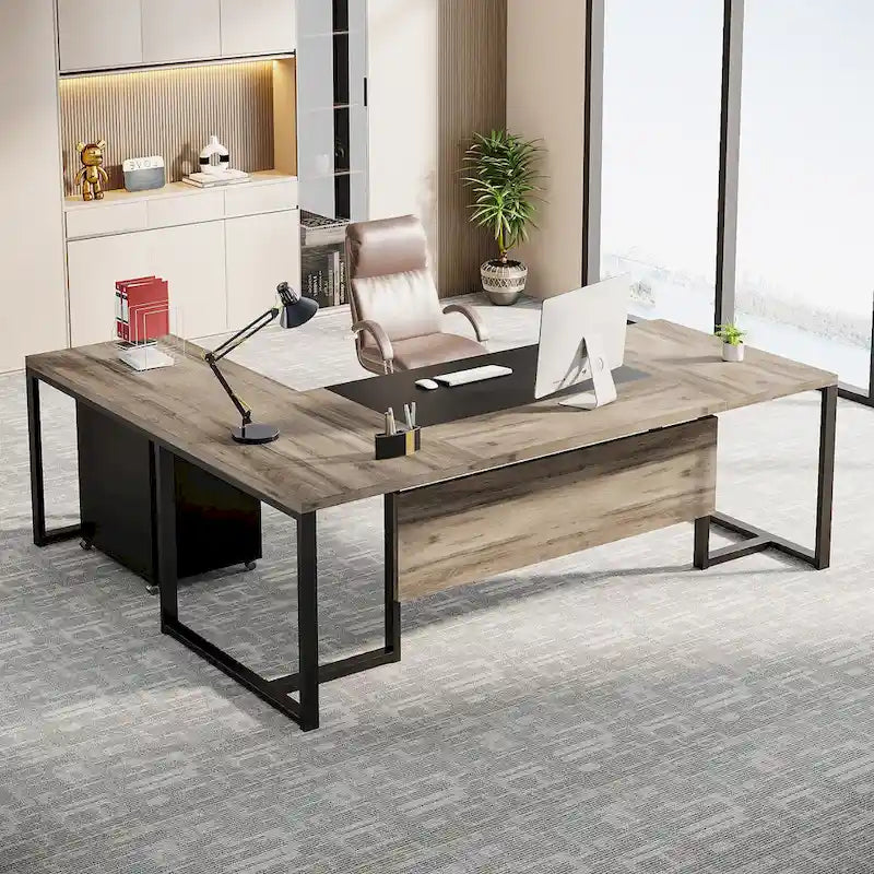Bureau de direction de 180 cm avec classeur Grand bureau de direction d'angle en L Bureau d'ordinateur