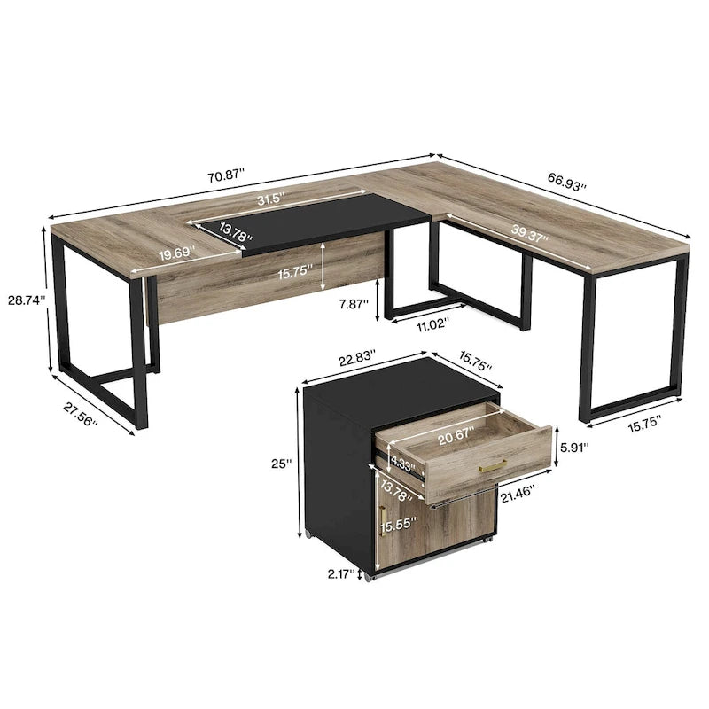 Bureau de direction de 180 cm avec classeur Grand bureau de direction d'angle en L Bureau d'ordinateur