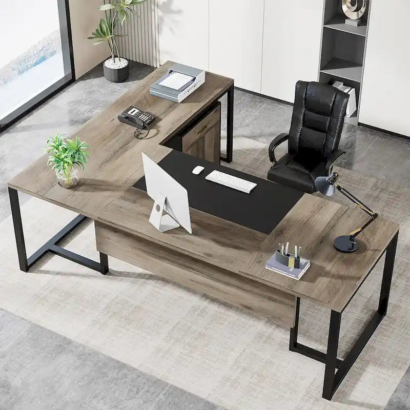Bureau de direction de 180 cm avec classeur Grand bureau de direction d'angle en L Bureau d'ordinateur