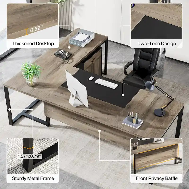 Bureau de direction de 180 cm avec classeur Grand bureau de direction d'angle en L Bureau d'ordinateur