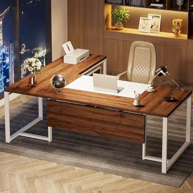 Bureau de direction de 180 cm avec classeur Grand bureau de direction d'angle en L Bureau d'ordinateur