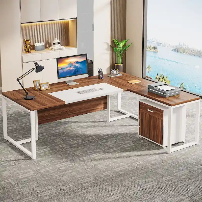 Bureau de direction de 180 cm avec classeur Grand bureau de direction d'angle en L Bureau d'ordinateur