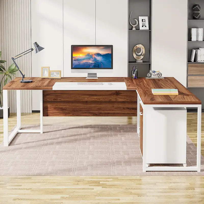 Bureau de direction de 180 cm avec classeur Grand bureau de direction d'angle en L Bureau d'ordinateur