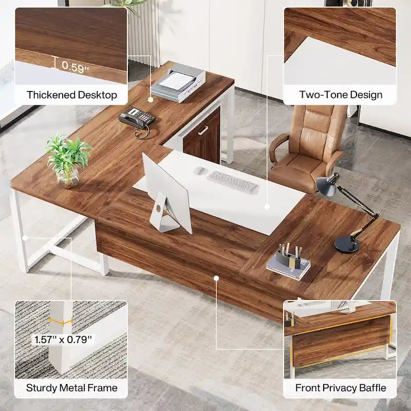 Bureau de direction de 180 cm avec classeur Grand bureau de direction d'angle en L Bureau d'ordinateur