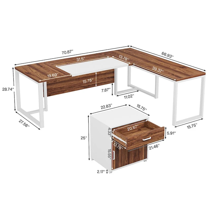 Bureau de direction de 180 cm avec classeur Grand bureau de direction d'angle en L Bureau d'ordinateur