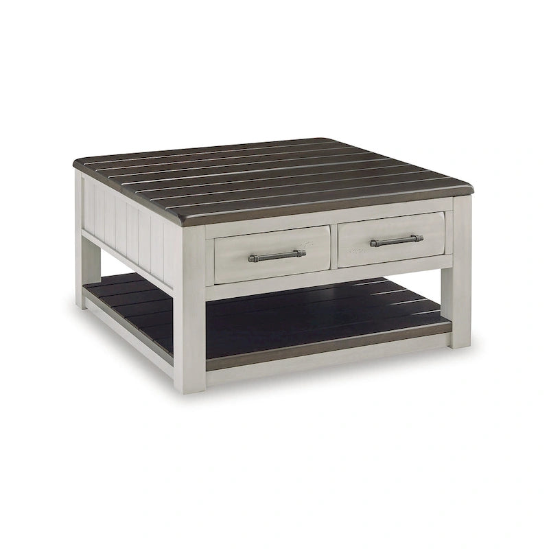 Table basse relevable gris-brun — 90,17 cm L x 90,17 cm P x 49,23 cm H