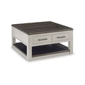 Table basse relevable gris-brun — 90,17 cm L x 90,17 cm P x 49,23 cm H