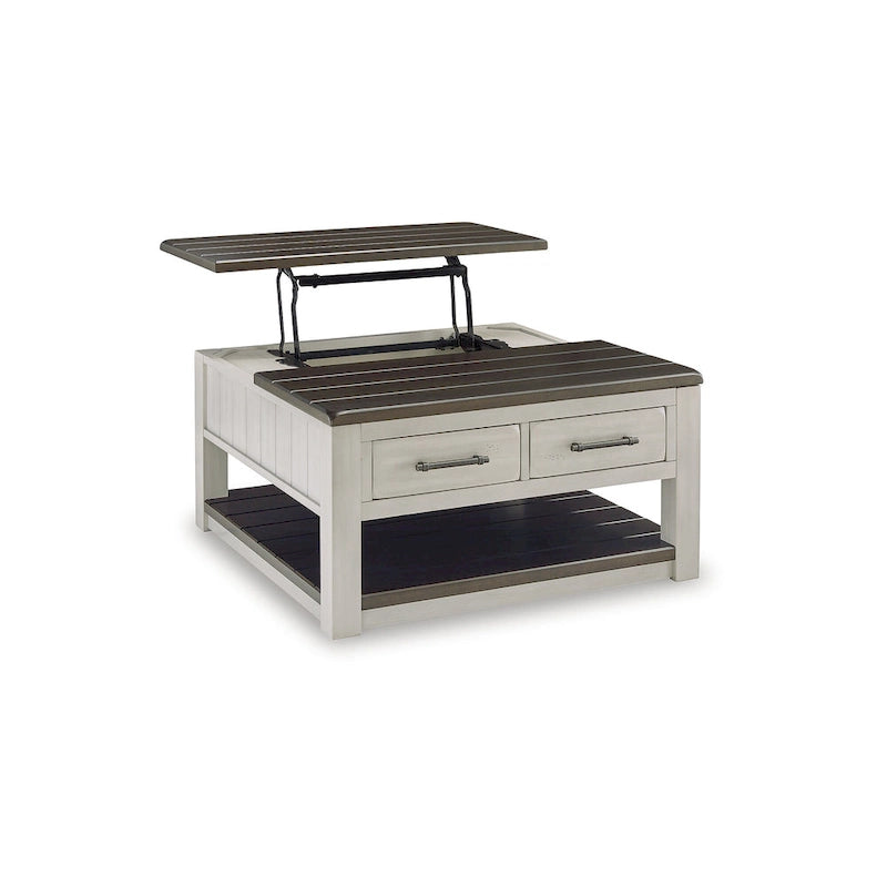 Table basse relevable gris-brun — 90,17 cm L x 90,17 cm P x 49,23 cm H