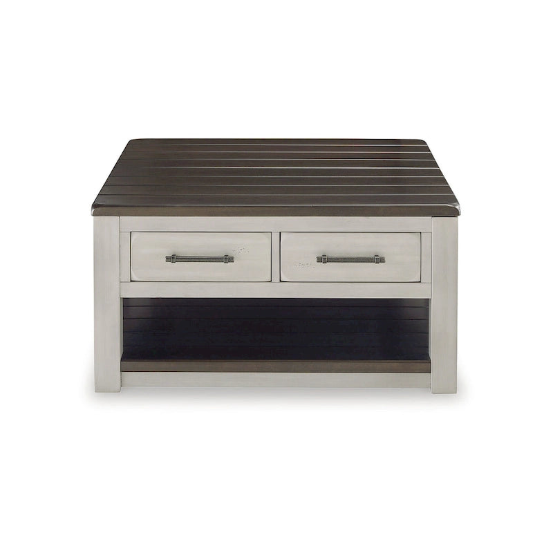 Table basse relevable gris-brun — 90,17 cm L x 90,17 cm P x 49,23 cm H