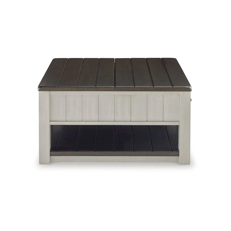 Table basse relevable gris-brun — 90,17 cm L x 90,17 cm P x 49,23 cm H