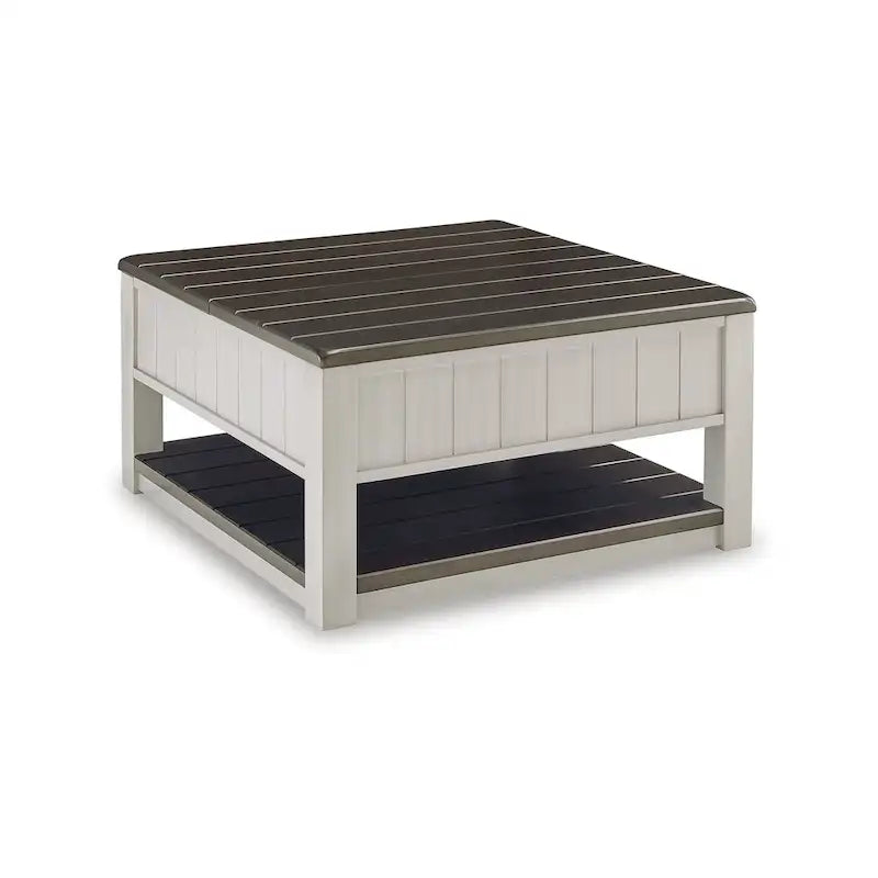 Table basse relevable gris-brun — 90,17 cm L x 90,17 cm P x 49,23 cm H