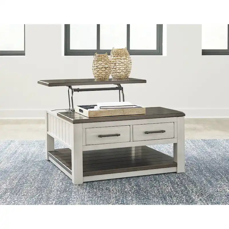 Table basse relevable gris-brun — 90,17 cm L x 90,17 cm P x 49,23 cm H