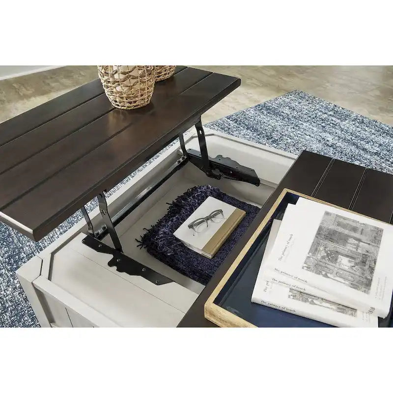 Table basse relevable gris-brun — 90,17 cm L x 90,17 cm P x 49,23 cm H