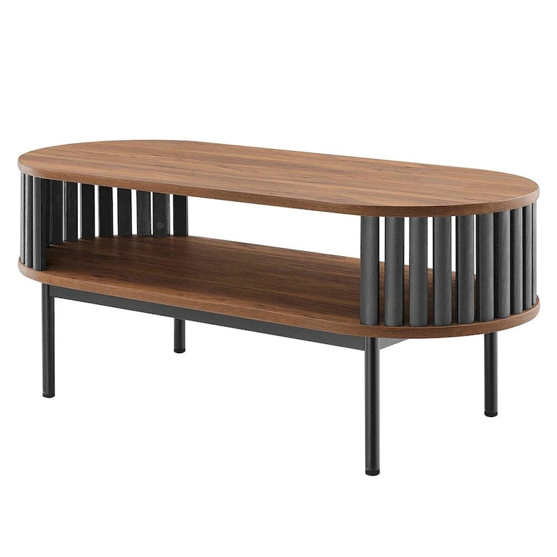 Table basse ovale en bois bicolore moderne (avec étagère de rangement)