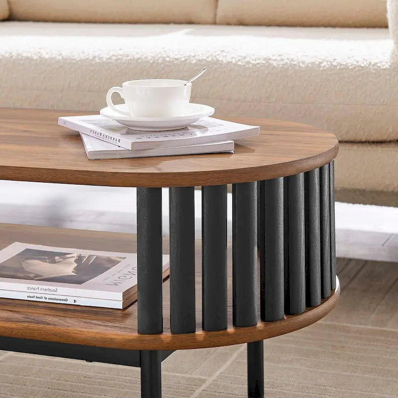 Table basse ovale en bois bicolore moderne (avec étagère de rangement)