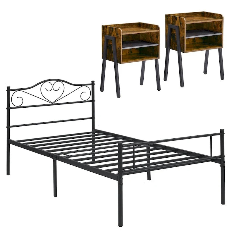 Ensemble de chambre à coucher 3 pièces avec cadre de lit plateforme noir et ensemble de 2 tables de chevet