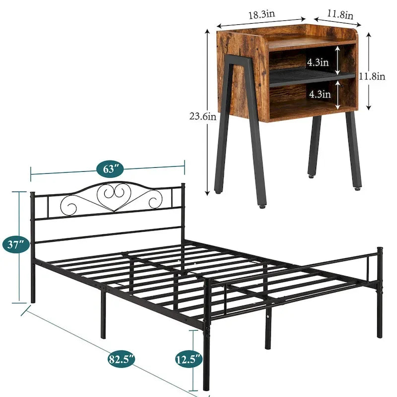 Ensemble de chambre à coucher 3 pièces avec cadre de lit plateforme noir et ensemble de 2 tables de chevet