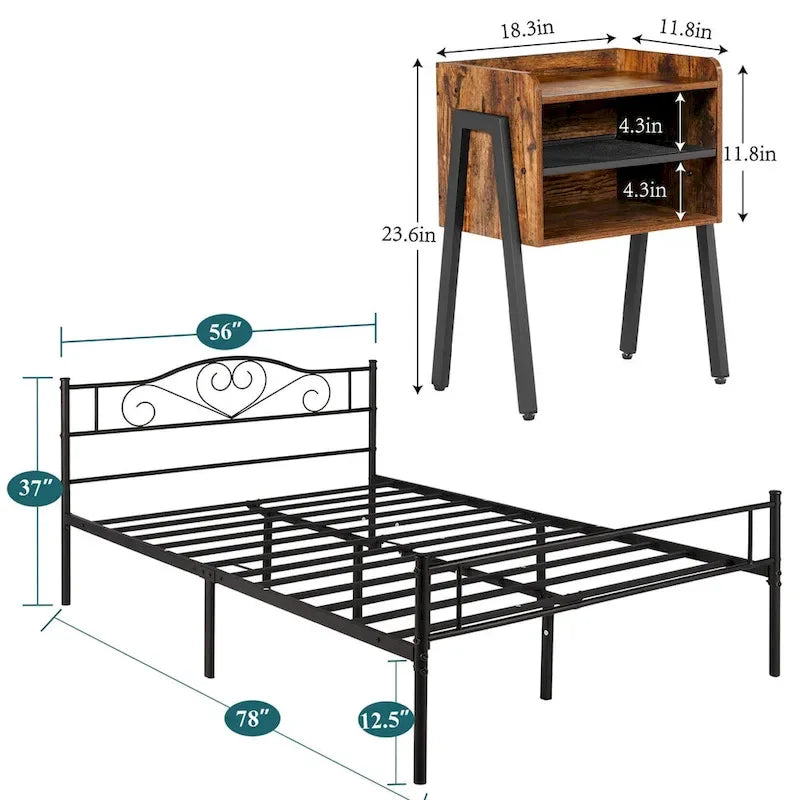 Ensemble de chambre à coucher 3 pièces avec cadre de lit plateforme noir et ensemble de 2 tables de chevet
