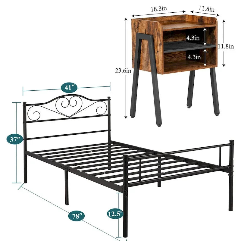 Ensemble de chambre à coucher 3 pièces avec cadre de lit plateforme noir et ensemble de 2 tables de chevet