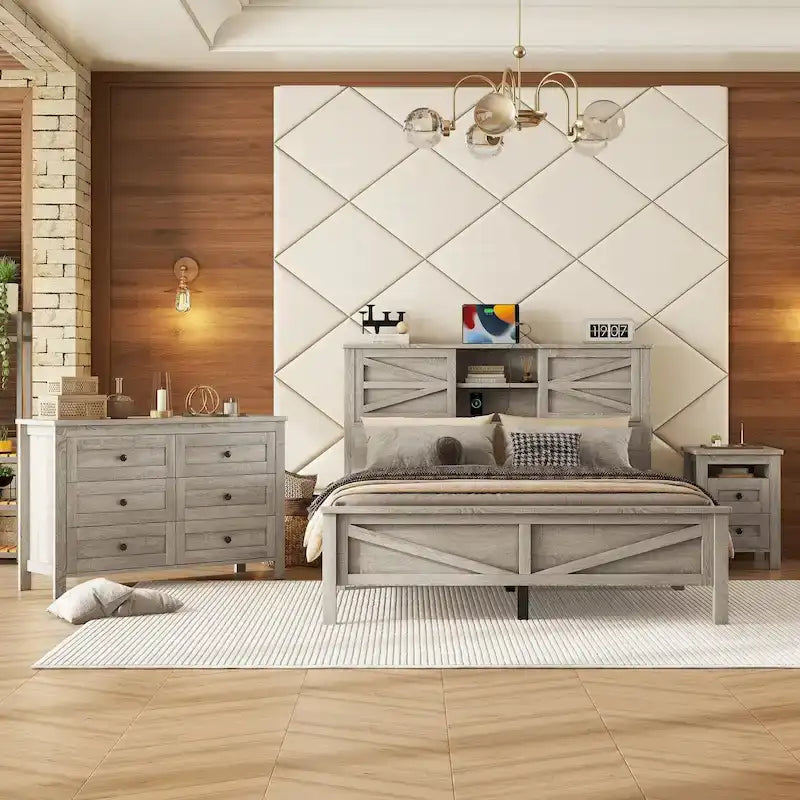 Ensembles de chambre à coucher 3 pièces Lit plateforme queen size avec table de chevet et commode de rangement
