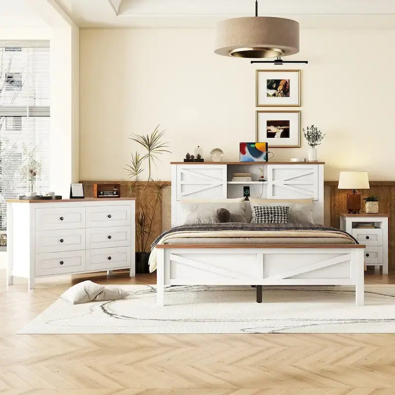 Ensembles de chambre à coucher 3 pièces Lit plateforme queen size avec table de chevet et commode de rangement